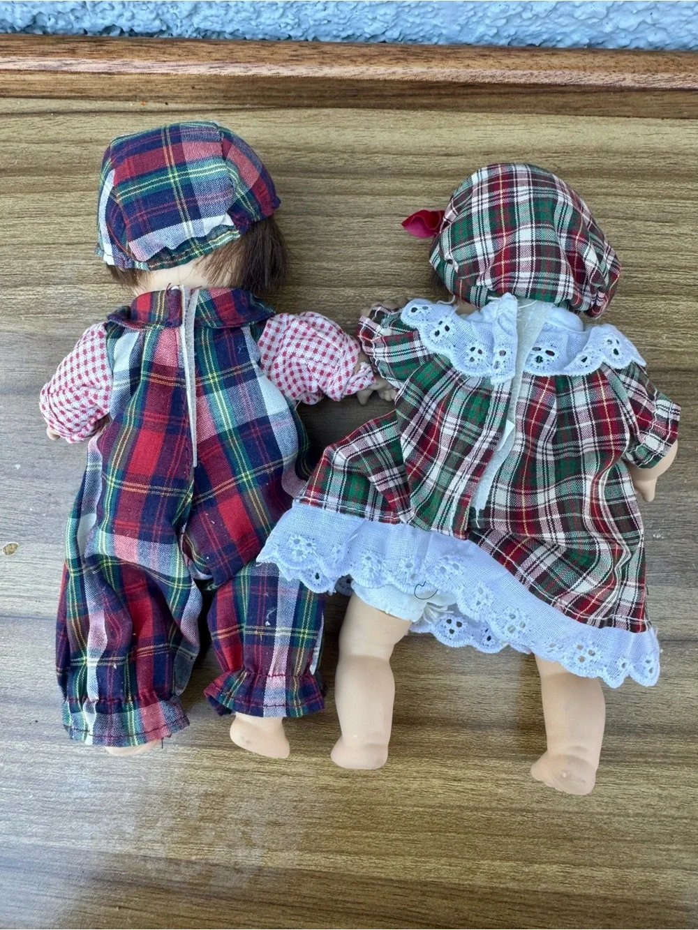 Beautiful Vintage Twin Dolls in Matching Plaid Outfits - 8”